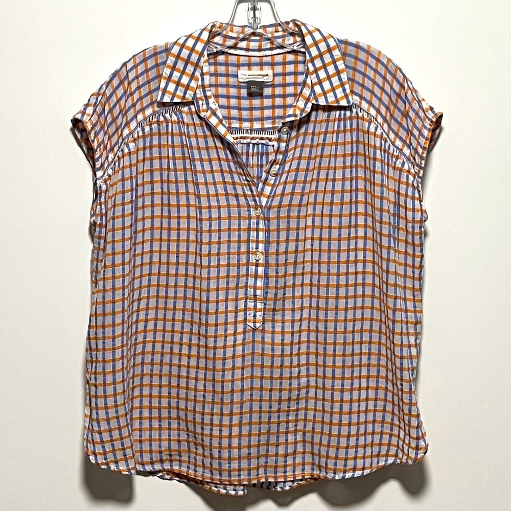 Pilcro Anthro. Serena Surf Casual plaid Henley cap sleeve carefree pullover top - Picture 10 of 12